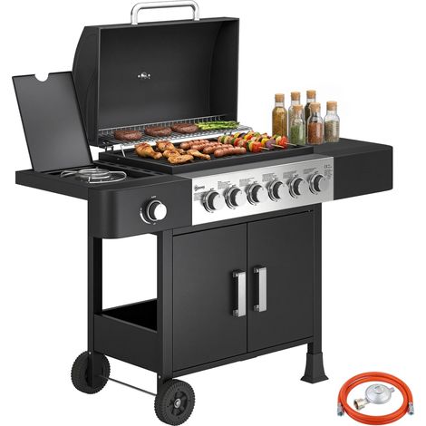 Barbecue à gaz de 17,8 kW, 6+1 brûleurs, construction en acier inoxydable, avec roues, grille latérale, thermomètre et grille émaillée. (1/5)