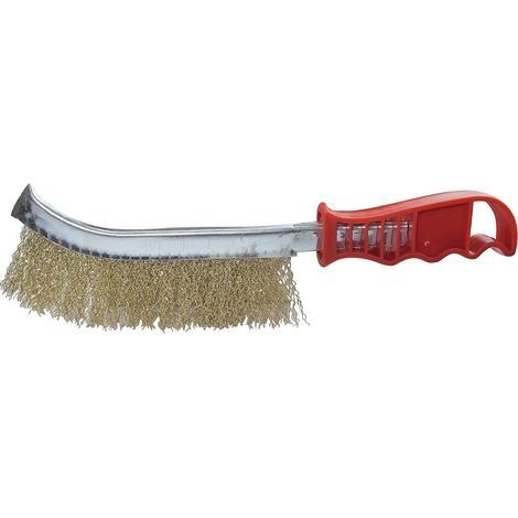Set mit 5 Drahtbürsten mit gewellten Drähten – 235 mm Länge – konvexer Handschaber mit Kunststoffgriff – zum Reinigen/Entlacken/Lackieren/Rostentfernen – gelbe Stahlborsten (1/4)