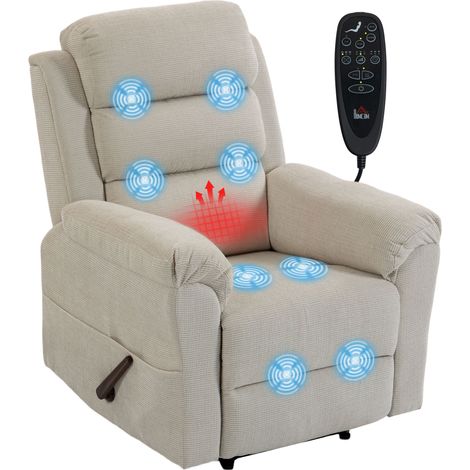 Fauteuil de relaxation - HOMCOM - massage et chauffage - appuie-tête réglable, 4 poches latérales - chenille - 87x95x109cm - crème (1/5)