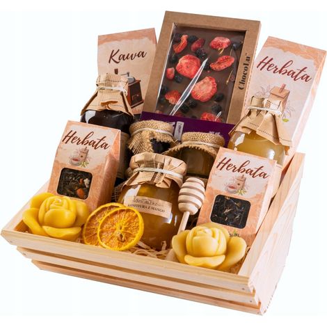 Geschenkkorb, Teeservice, Schachtel, Kaffee, Schokolade, Sirup, Kerzen, Honig (1/5)