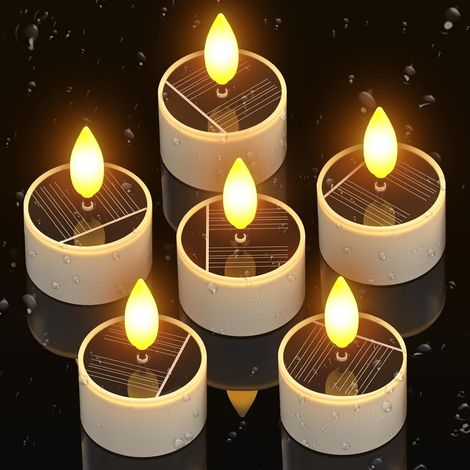 Lot de 6 bougies solaires LED extérieures étanches capteur lumière crépuscule piles rechargeables bougies chauffe-plat vacillantes jardin, camping, décoration (1/5)