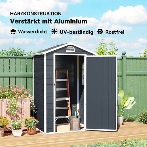 Abstellraum 1,1m², Abstellschuppen mit Satteldach, 134 x 104 x 204 cm, Plastik-Gartenschuppen mit abschließbarer Tür, Lüftungsöffnung und Fenster, Gartenhaus für den Außenbereich, Dunkelgrau (1/4)