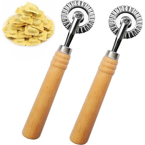 Emporte-pièces à raviolis (2 pièces) avec roulette - Forme ronde cannelée - Manche en bois - Pour pâtes maison - 4 cm (1/4)