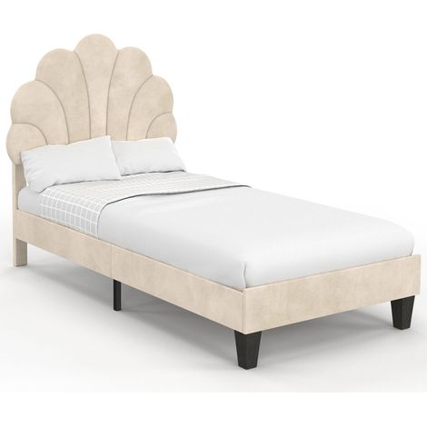 Idmarket – Lit simple coquillage 90 x 190 cm – Sommier 10 lattes en bois – Tête de lit ajustable 3 positions – Revêtement velours beige (1/5)