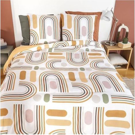 Parure de lit 220x240 adulte - Housse de Couette + 2 Taies d'oreiller motif imprimé géométrique beige, rose, blanc – en microfibre