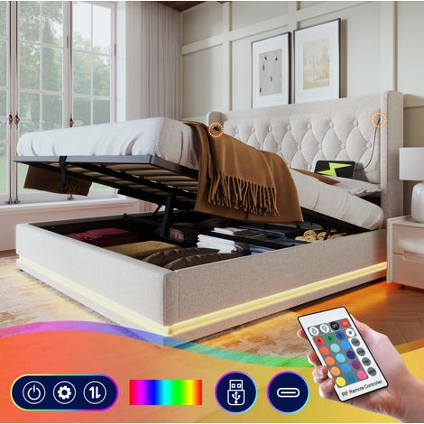 Cama tapizada 140/200 cm beige de algodón con almacenaje hidráulico, LED y USB-C (1/5)