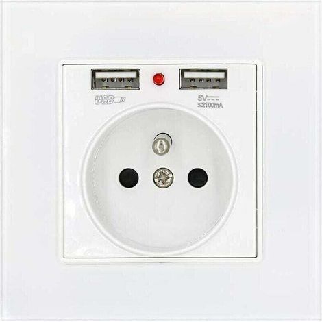 UlisemPrise de Courant Panneau en Verre Prise Standard Français Murale avec Indicateur de Puissance de Charge Usb Double 2.1A, Prise Standard Français Encastrée 16A 250V Blanc (1/4)