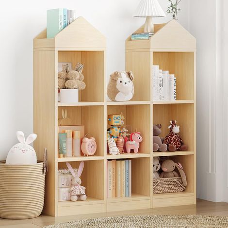 Meuble rangement jouets 8 casiers en bois naturel, bibliothèque enfant style maison de jeu, pour salle de jeux et chambre (1/5)