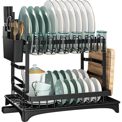 Escurridor de platos de acero inoxidable negro de 2 niveles, soporte para utensilios y bandeja recogegotas. (1/4)