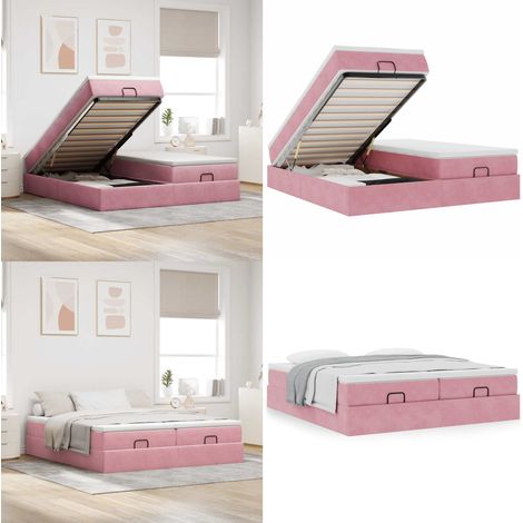 Cadre de lit ottoman avec matelas rose 160x200 cm velours - Matelas à ressorts ensachés - Sommier hydraulique