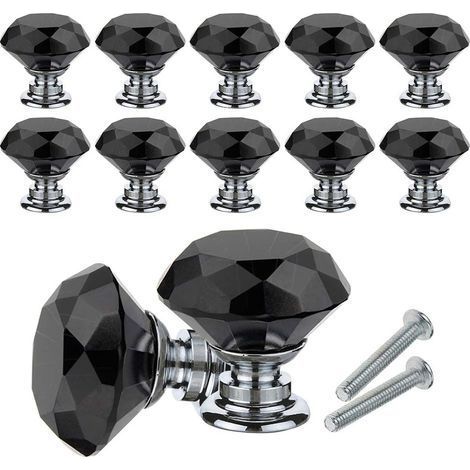 Bouton de Meuble Cristal, 10Pcs Poignées de Bouton en Cristal de Diamant, 30mm Bouton de Porte Meuble Tiroir Placard avec Vis pour Accueil Bureau, Commode, Cuisine et plus (Noir) (1/5)