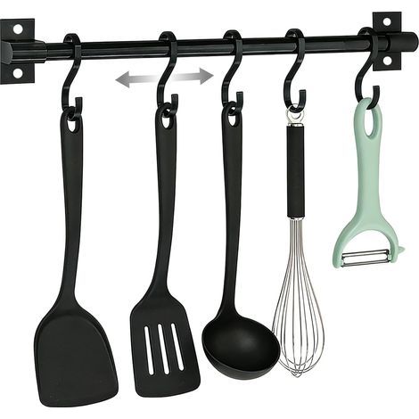 Wandmontierter Küchenutensilienhalter, 30 cm, bohrfreier Utensilienhalter mit 5 verstellbaren Haken, Utensilienstange, Wandhänge-Hakenstange für Badezimmer, Garage (1/5)