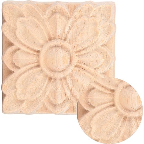 4 pièces d'applique carrée sculptée en forme de fleur pour porte ou meuble, non peinte (2) (1/5)