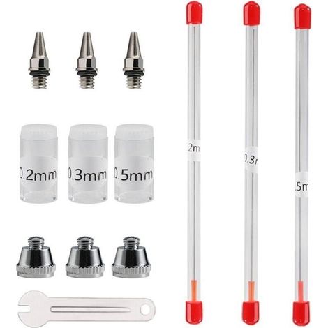 Airbrush Nozzle and Needle 0.2 mm, 0.3 mm, 0.5 mm, Replacement Accessories for Spray Gun, Kit with Adjustable Wrench (1/4)