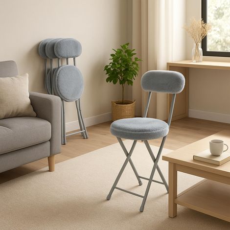 Lot de 4 Chaises Pliante Tabourets Pliable Coussin Rond en Fourrure avec Dossier et Repose-Pieds, Siège de 49 cm de Haut, Style Scandinave, Gris (1/5)