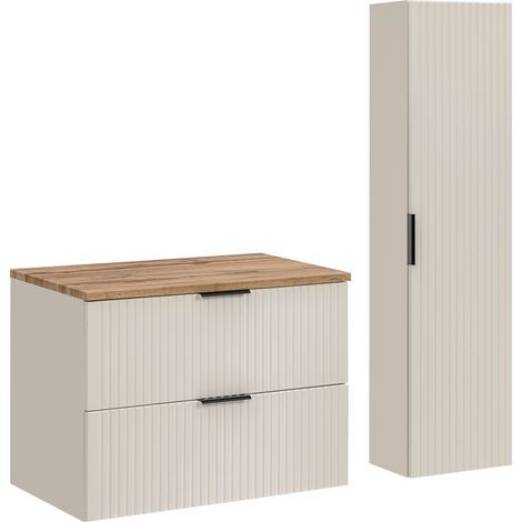 Furnidea - Ensemble ADEL CACHEMIRE meuble suspendu sous vasque avec plan chêne 80 cm et colonne 35 x 140 cm - façades rainurées (1/5)