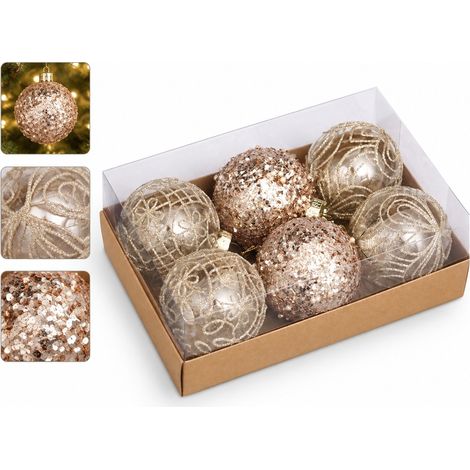 6 Pcs Boules de Noel 8 cm Champagne Dore Transparent Paillettes Sapin Deco Suspendue Fete Boite Decoration Vitrine Noel Brillant (1/5)