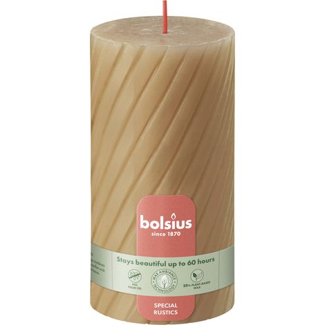 Bolsius Stumpenkerze Rustik geriffelt Ø 6,8 x 13 cm haferbeige Stumpenkerze