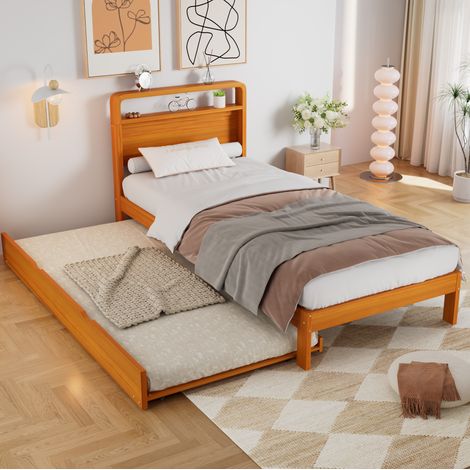 Lit enfant 90x200 cm avec lit gigogne 90x190 cm, tête de lit arrondie, bois naturel (1/5)