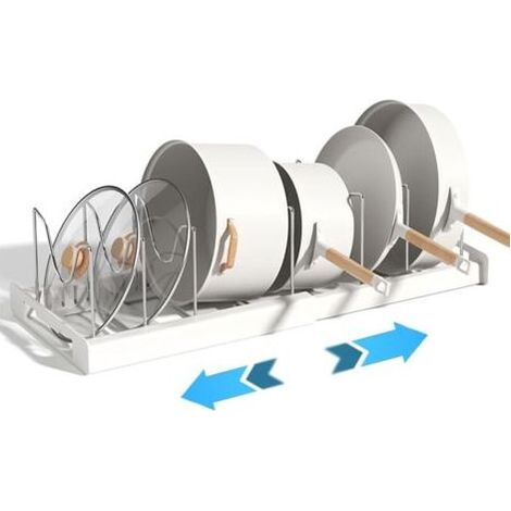 Boîte de rangement blanche pour couvercles de casseroles, rétractable librement jusqu'à 56 cm, boîte de rangement pour tiroir de cuisine, taille antidérapante, boîte de rangement pour couvercles de (1/5)