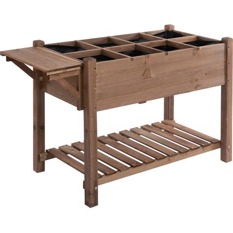Outsunny Hochbeet Pflanzkasten mit 8 geteilten Gittern faltbare Ablage Blumenkasten Blumentopf Kräuterbeet Massivholz Braun 123 x 54 x 80 cm