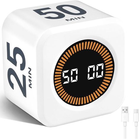 Cube Visual Timer, Minuteur Pomodoro to Rotation, 5/10/25/50 Minutes and Count to Rebours Customized, Mode Quiet and Sonnerie, Minuteur Rechargeable for Kitchen, L'etude, White (1/5)