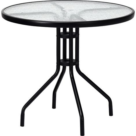COSTWAY Gartentisch mit Tischplatte aus gehärtetem Glas, Terrassentisch mit Schirmloch und Metallrahmen, runder Balkontisch, Outdoor-Esstisch für Hof, Terrasse, Garten, 70 x 70 x 71 cm (1/5)