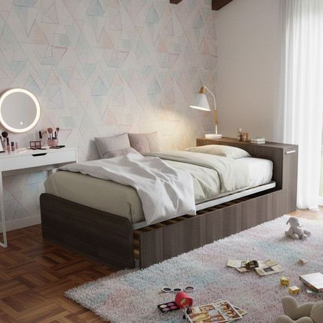 Letto una piazza e mezza 120x190 con contenitore e secondo letto estraibile - Olmo jerez scuro