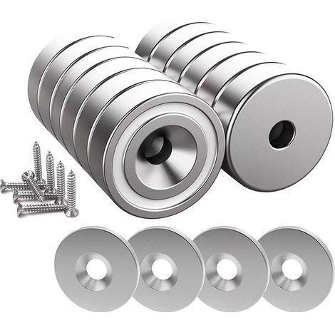 12 pièces Aimants en néodyme 10 KG force 20 x 7 mm avec trou et capsule, aimant en pot fraisé avec vis et 12 coussins en acier (Argent Brillant) (1/5)