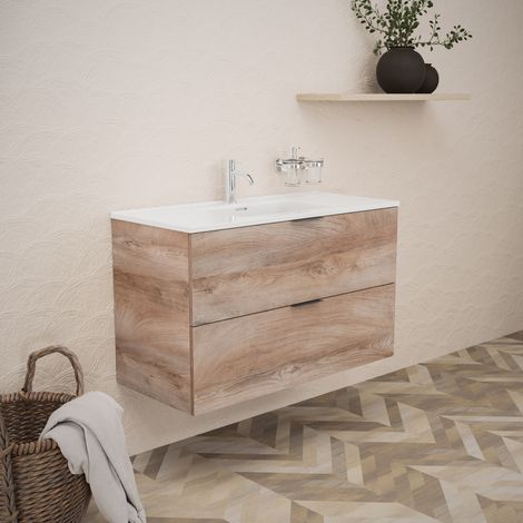 Inda - Badezimmerschrank B.100 mit glänzendem Waschbecken / Natureiche 2 Schubladen - Topazio (1/5)