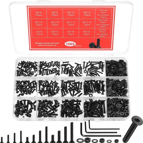 M2 M2,5 M3 Vis Boulons et Écrous et Rondelles Set, vVis à Tête Fraisée à Six Pans Creux, Boulons à Tête Creuse Hexagonale, Vis à Tête Plate Assortiment Kit (1005, Noir, M2,M2.5,M3) (1/5)