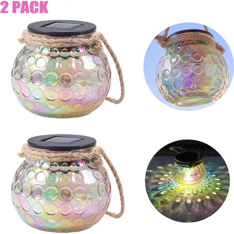 Lot de 2 lanternes solaires suspendues d'extérieur, lampes de jardin, pot en verre, lampe de table, tanche IP65, pour patio, porche, cour, pelouse, bal (1/5)
