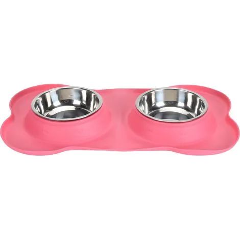 Gamelles doubles pour animaux de compagnie, en acier inoxydable antirouille, pour chien et chat, avec base en TPR, pour l'eau et la nourriture, idéales pour la maison et l'intérieur. Couleur : rose. (1/2)