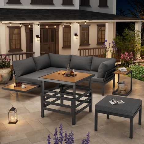 Outdoor Patio Furniture Set – 2 Double Sofas, Ottoman, Lift-Top Coffee Table & Side Table  Galvanised Iron Frame, Water-Resistant Cushions  Ideal for Garden, Balcony, Patio (1/5)