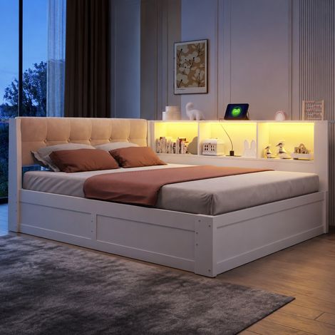 Cama diván 140x200 cm de madera blanca con almacenaje para dormitorio FloraGrace (1/5)