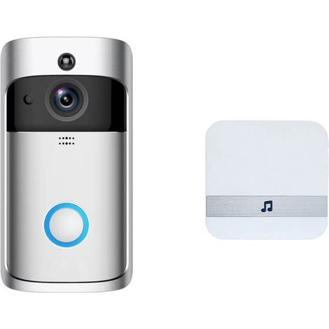 Timbre con cámara WiFi HD, conectividad inalámbrica, sensor de movimiento, detector de audio, modo nocturno, compatible con iOS y Android, cámara de seguridad inalámbrica, timbre, receptor incluido. (1/5)