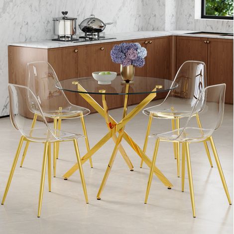 Set tavolo rotondo in vetro temperato 88 cm con 4 sedie trasparenti OKWISH (1/5)