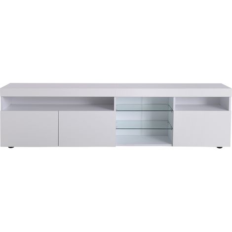 Mueble TV moderno blanco brillante con LED multicolor y estante de vidrio 180 cm MODENUIT (1/5)