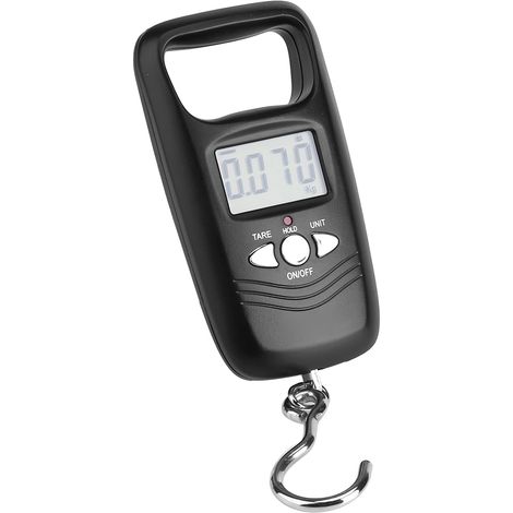 Digitale elektronische Gepäckwaage bis 50 kg, Aufhängehaken, hintergrundbeleuchtetes LCD-Display, tragbare Reisegepäckwaage, schwarz, präzise Anzeige. (1/5)
