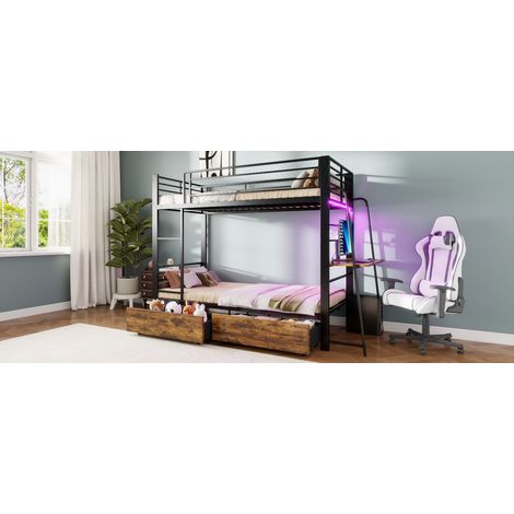 Letto a soppalco in metallo 90x200 cm con scrivania, LED e cassetti nero HAVRYA (1/5)
