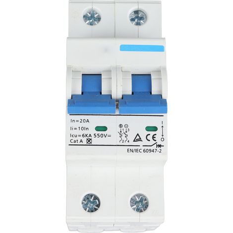 Disjoncteur miniature 2 pôles 550V DC 20A, interrupteur-sectionneur montage rail DIN (1/5)