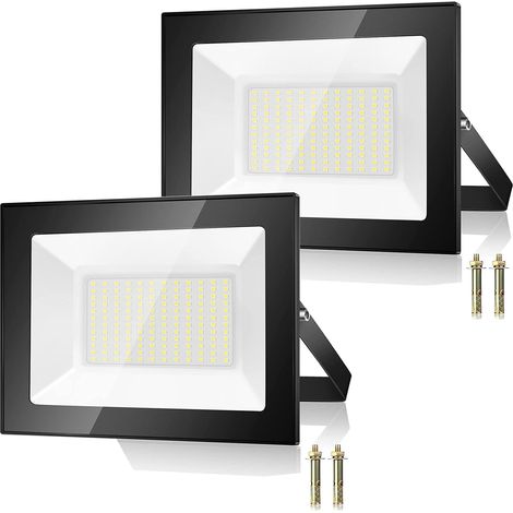 100W Projecteur LED Exterieur 2 Pièce, 10000LM 7000K Spot Extérieur, 144 Puces IP67 Imperméable Blanc Froid Eclairage de Sécurité LED, Luminaire Exterieur Pour Patio, Garage, Jardin, Terrasse