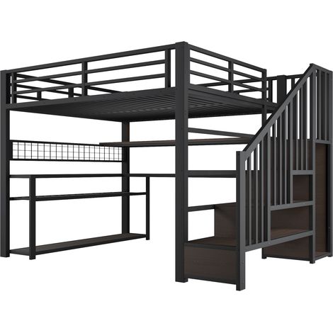 Metall-Hochbett 140x200 mit LED, Schreibtisch, Schrank und Stauraum, schwarz (1/5)
