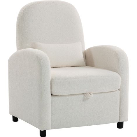 Poltrona Moderna con Spazio Contenitore a Scomparsa e Cuscino, Rivestimento in Pile Teddy, 76x77x95 cm, Crema