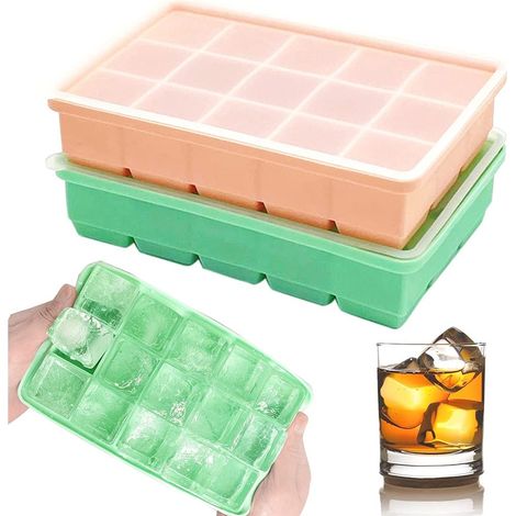 Bac à glaçons en silicone, lot de 2 avec couvercle, inodore, empilable et compatible lave-vaisselle, idéal pour la bière, le whisky, les cocktails et les goûters pour bébé, sans BPA. (1/5)
