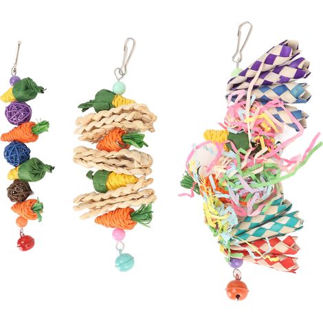 Lot de 3 jouets à mâcher pour perroquets : boules de rotin tressées en forme de carotte et de maïs, en papier déchiqueté, à suspendre en cage pour perruches, inséparables et conures. (1/5)