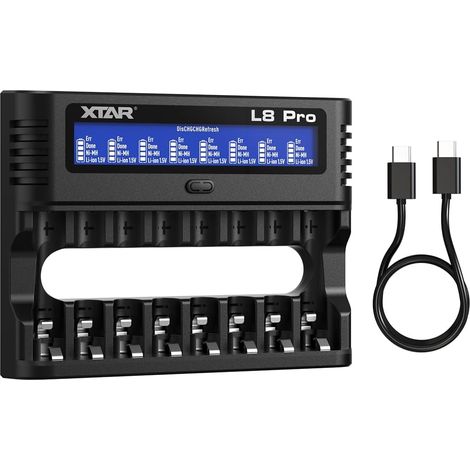Chargeur 8 emplacements pour piles AA/AAA 1,2V NiMH et 1,5V Li-Ion, chargeur intelligent USB-C avec écran LCD, 8 compartiments individuels avec fonction de rafraîchissement et de (1/5)