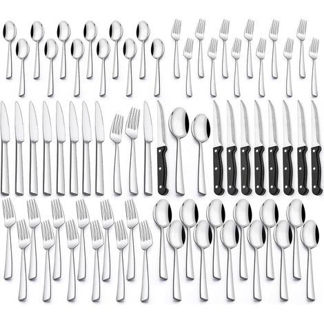 Service de couverts 72 pièces pour 12 personnes en acier inoxydable, avec couteaux à steak, lavable au lave-vaisselle (1/5)