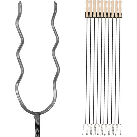 Fourchettes à griller KOTARBAU® à double denture, idéales pour les grillades et les feux de camp, avec bâtonnets ondulés pour saucisses, 100 cm, lot de 10 + crochet.