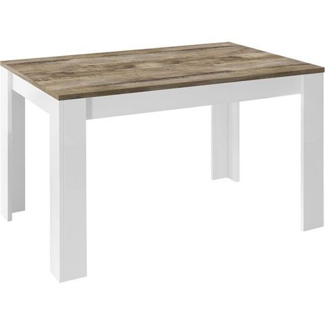 ANTIK - Table Repas Extensible Blanc Laqué Brillant Plateau Aspect Bois Antik (1/4)